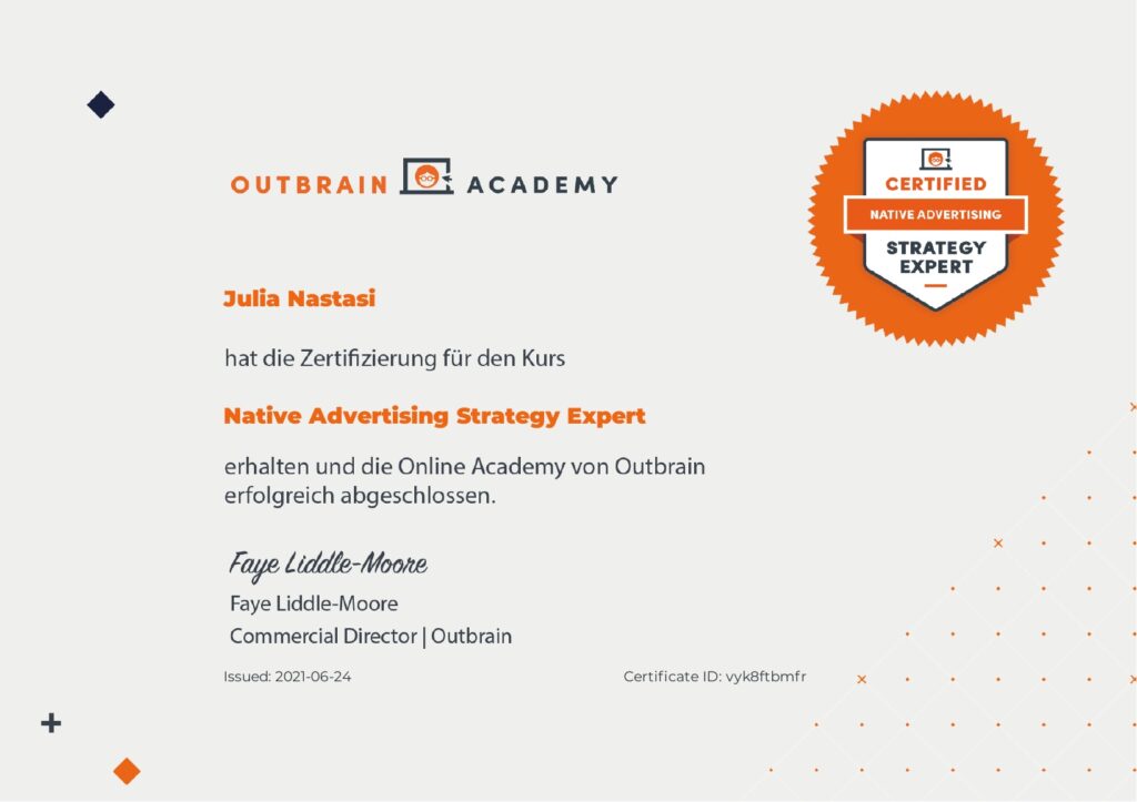 Julia Nastasi von Marketing Nastasi GbR certificate