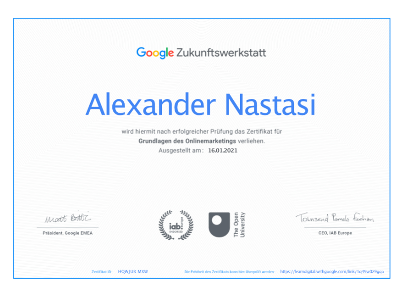 Alexander Nastasi Google Zertifikat Suche nach Keywords