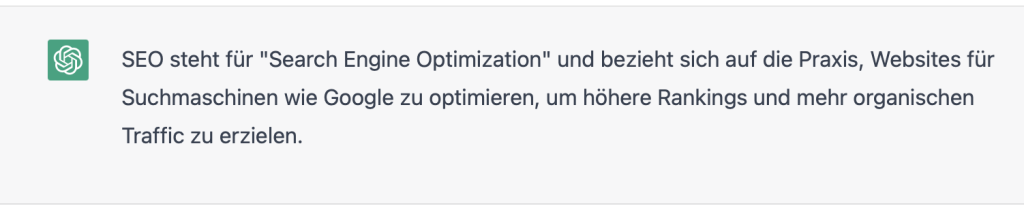 Antwort von Chatgpt auf die Frage Was ist SEO am 30.1.2023 – ChatGRB